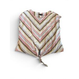 Charlie B Woven Ivory Striped Top Women’s Large Boat Neck Front Tie Cap Sleeve L